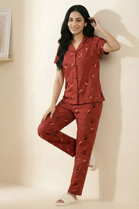 Zivame Farm Lore Knit Cotton Pyjama Set - Burnt Brick — thumbnail 5